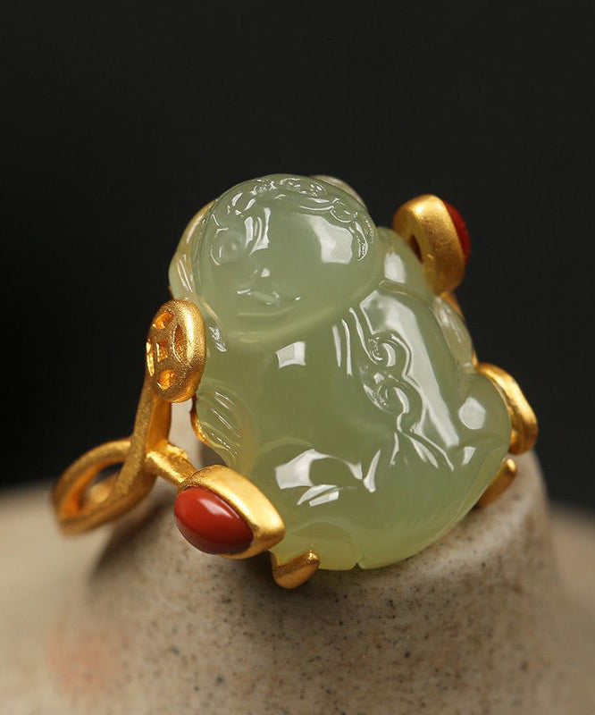 Classy Green Sterling Silver Overgild Jade a Mythical Wild Animal Rings