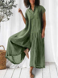 Shirt Collar Short Sleeve Solid Color Cotton Linen Jumpsuit