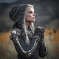 Comstylish Halloween Mechanical Skeleton Floral Patchwork Art Women's Hooded Knit Sweater