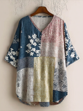 Comstylish Japanese Art Retro Geometric Patchwork Plant Flower Print Women's V-neck Cotton And Linen Top