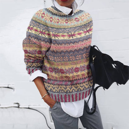 Vintage Ethnic Wavy Jacquard Contrasting Colors Printing Sweater artswardrobe
