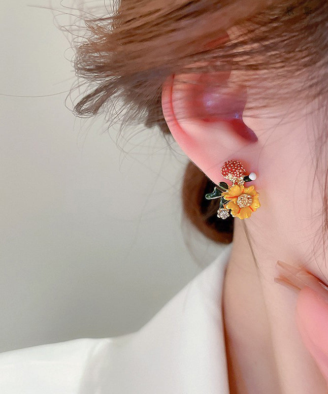 Art Yellow Alloy Zircon Pearl Drop Glaze Stud Earrings