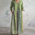 Vintage Green Retro Floral Color Block Bohemian Pattern Linen Blend Maxi Dress elevenforest