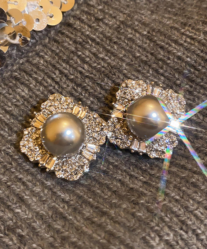 New Grey Alloy Pearl Zircon Stud Earrings