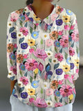 Women's Vintage Botanical Floral Patchwork Art Print Design Lapel Shirt elevenforest