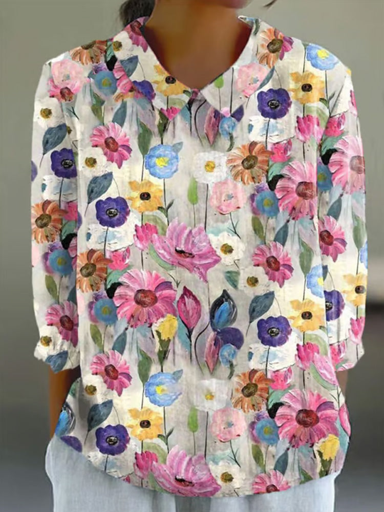 Women's Vintage Botanical Floral Patchwork Art Print Design Lapel Shirt elevenforest