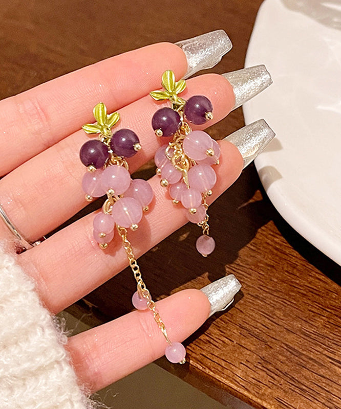 Diy Gold Sterling Silver Overgild Crystal Grape Tassel Drop Earrings