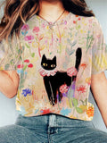 Comstylish Women's Animal Forest Cat Graphic Print Comfortable T-shirt