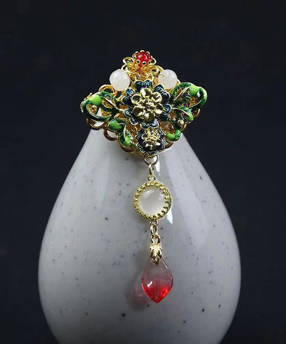 Green Alloy Cloisonne Gem Stone Brooches