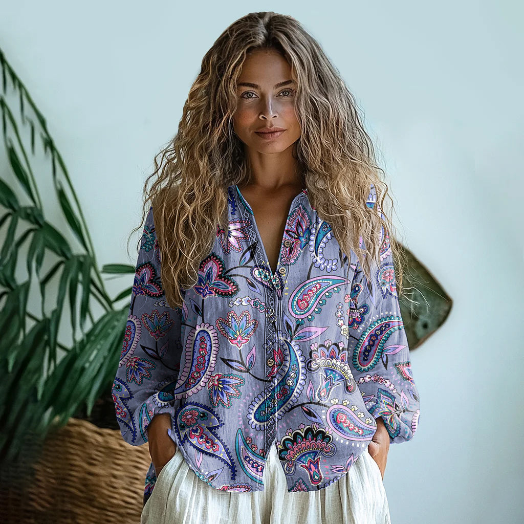 Bohemian Style Paisley Linen Print  Long Sleeve Shirt elevenforest