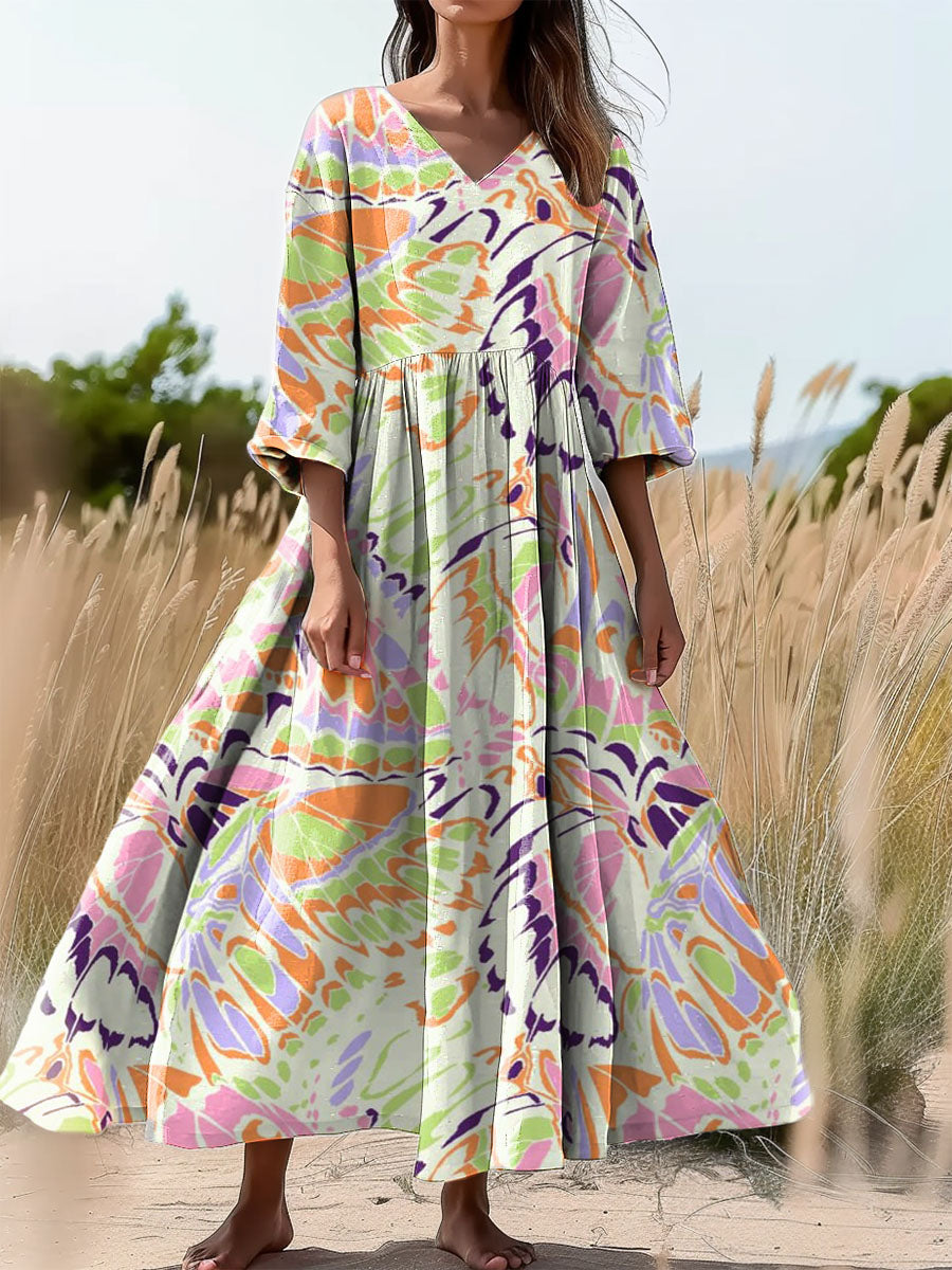 Women's Floral Art Print Flowy V-Neck Cotton Dress