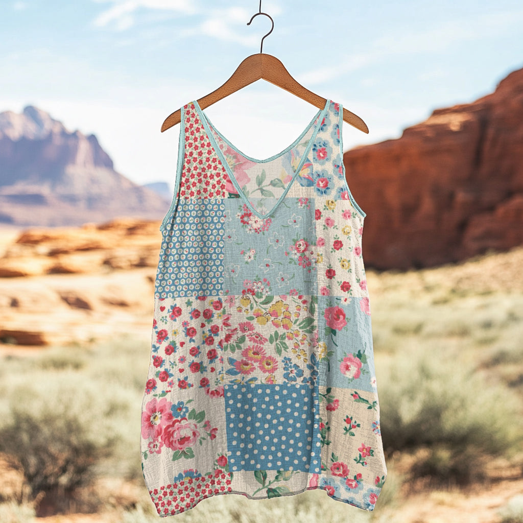 Comstylish Women's Retro Loose Floral Patchwork Linen Suspender Sleeveless Tank Top