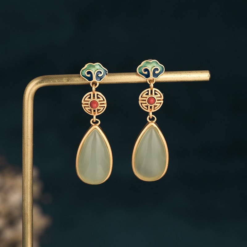 Buddha Stones Fengshui Jade Double Happiness Fortune Earrings