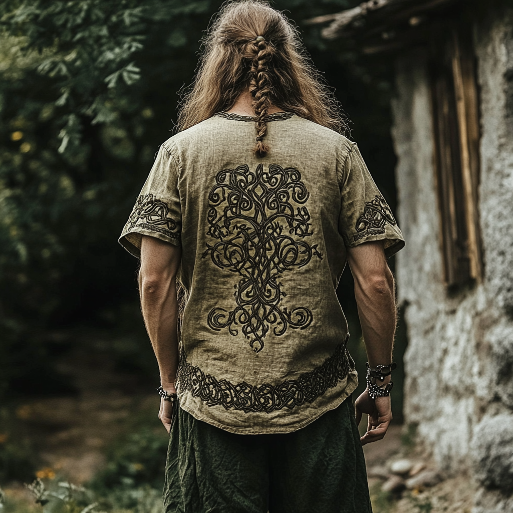 Men's Viking Tree Of Life Rune Print Short Sleeve V Neck T-shirt elevenforest