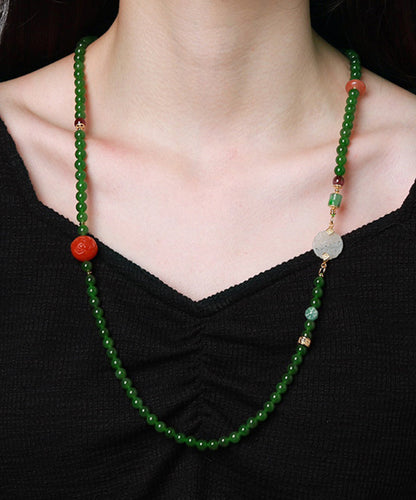 Green Sterling Silver Overgild Agate Jade Ping Buckle Pendant Necklace