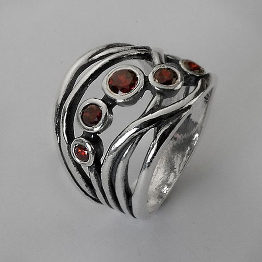 Red Crystals Layered Silver Ring