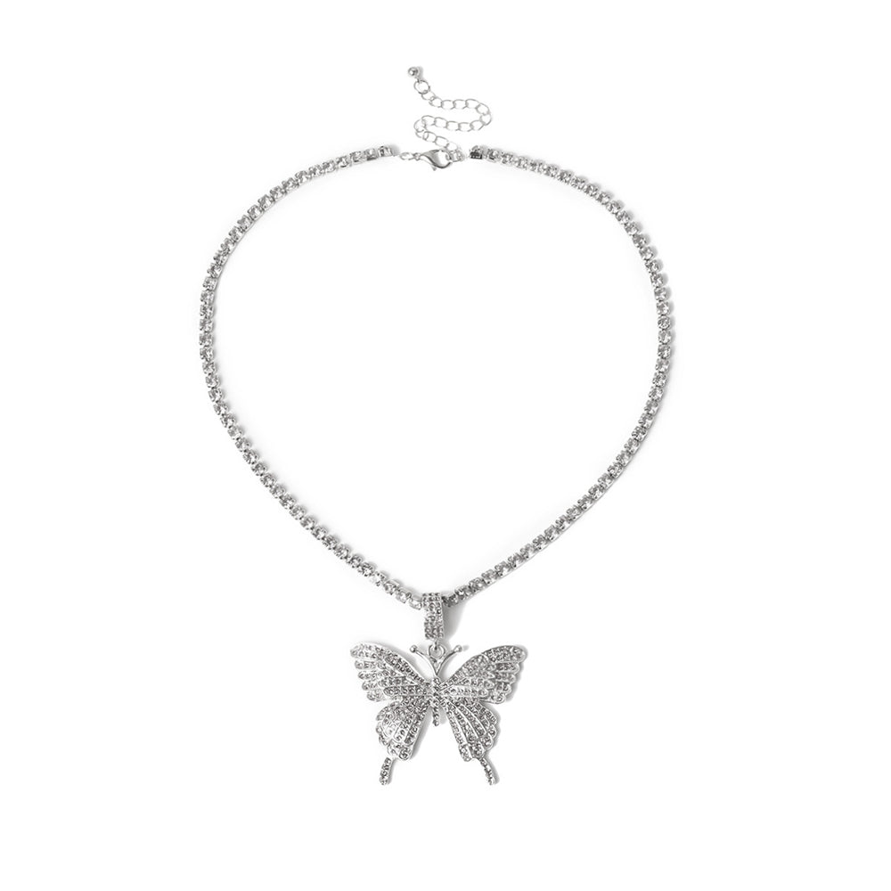 Butterfly Pendant Necklace Rhinestones With Crystal Chain
