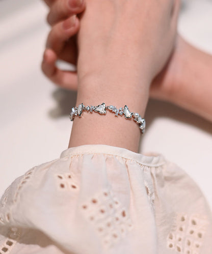 White Natural Freshwater Pearl Mother of Pearl Zircon Adjustable Silver Bracelet