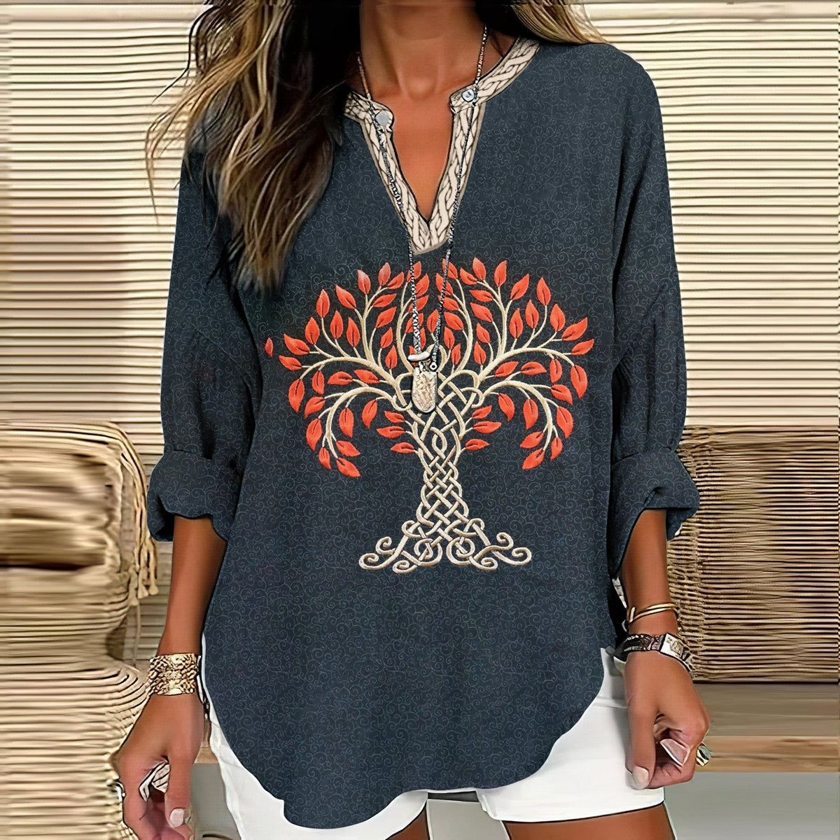 Women's Viking Tree Of Life Celtic Knot Art  Linen Print Casual Shirt elevenforest