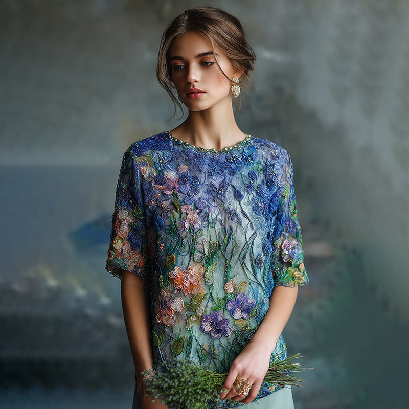Women's Oil Painting Floral Contrast Color Sequined T-shirt elevenforest