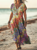 Women's Boho Floral Wave Collage Art Print Pocket Cotton Dress