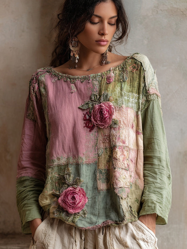 Vintage Pink Roses Embroidered Patchwork Linen Shirt elevenforest