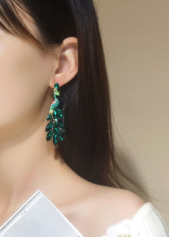 Green Crystal Peacock Flaunting Its Tail Drop Earrings