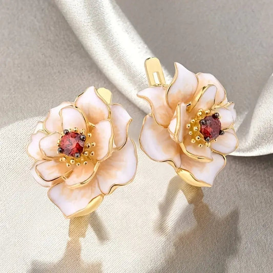 White Enamel Blossom Gold Earrings