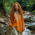Bohemian Tribal Embroidery Print Cotton And Linen Blend Loose Blouse elevenforest