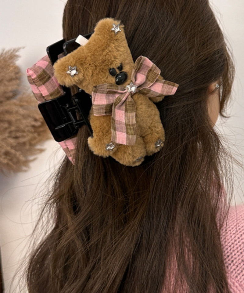 Pink Coffee Plaid Little Bear Zircon Bow Shark Hairpin
