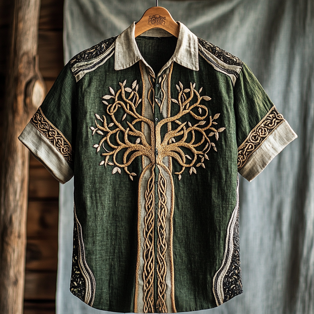 Men's Viking Tribal Life Of Tree Celtic Art Linen Shirt elevenforest