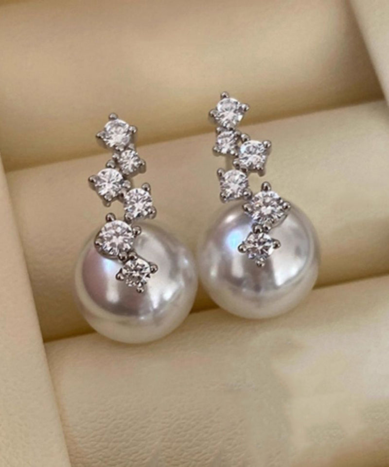 Zircon Pearl Patchwork Silver Drop Earrings