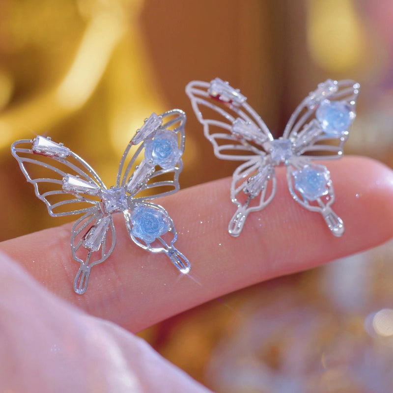 [] Blue Rose Butterfly Earrings