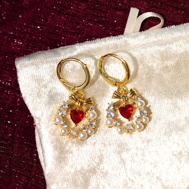 Bow Wreath Red Heart Earrings