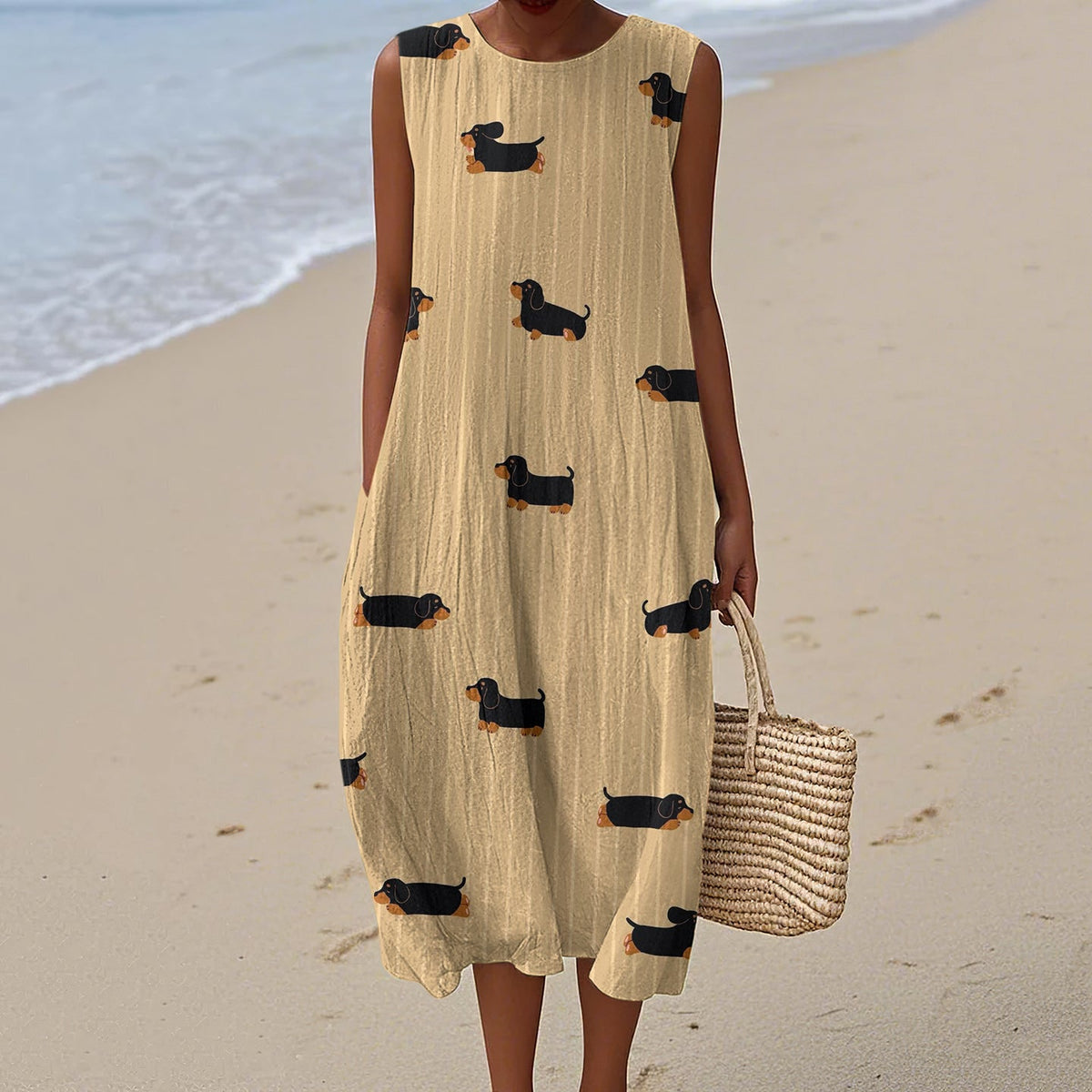 Retro Dachshund Dog Stripe Art Linen Tank Midi Dress elevenforest