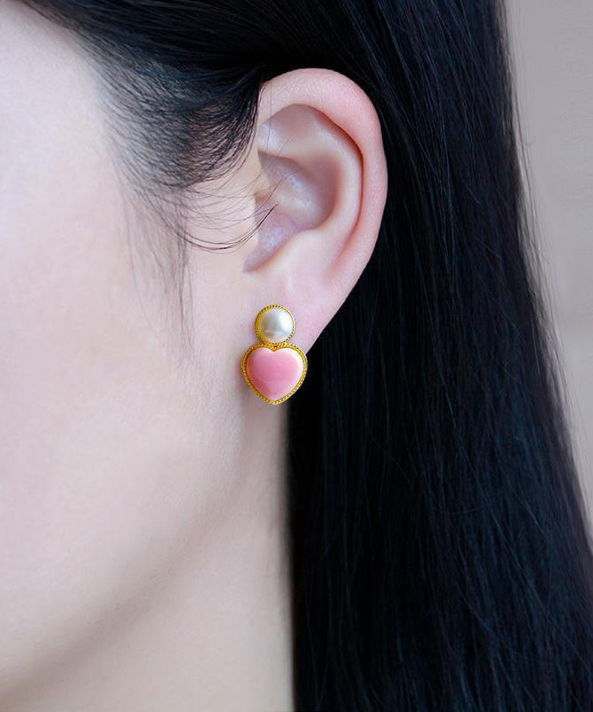 Pink Sterling Silver Overgild Love Pearl Stud Earrings