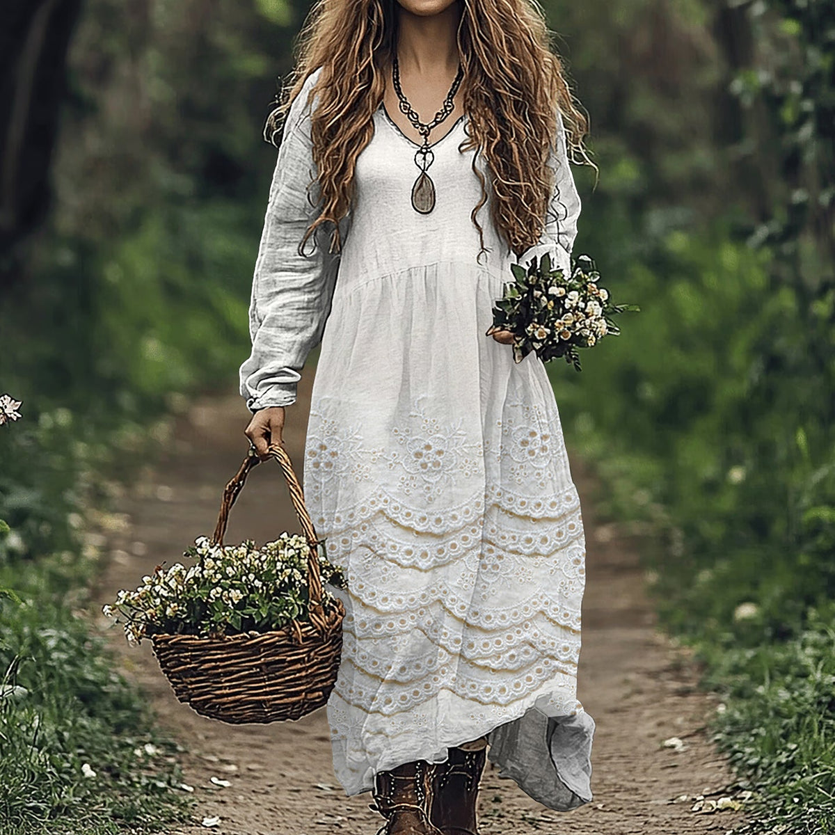 Vintage Floral Lace Embroidered Art Women's Linen Dress elevenforest