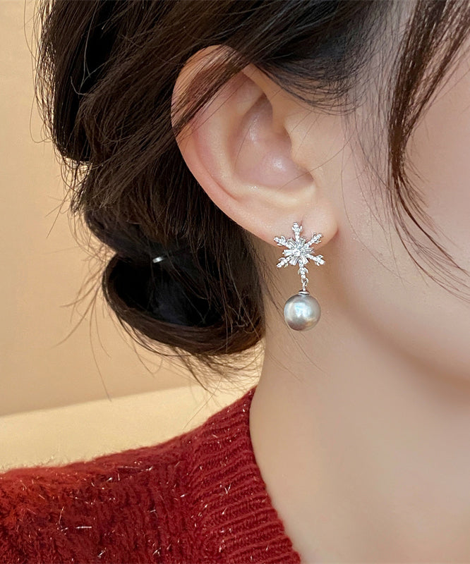 Diy Grey Copper Snowflake Pearl Drop Earrings