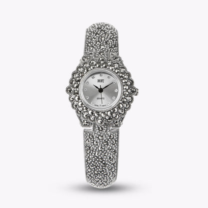 Black Sterling Silver Zircon Metal Organic Glass Wrist Watch