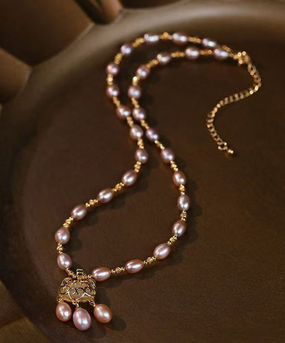 Light Purple Sterling Silver Overgild Pearl Safe Lock Pendant Necklace