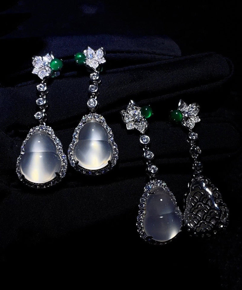 Nude Sterling Silver Inlaid Zircon Jade Gourd Drop Earrings