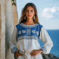 Vintage Greek Key Cretan Embroidery Linen Contrasting Colors T-shirt elevenforest