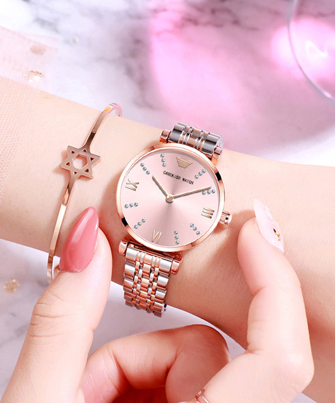 Gold White Stainless Steel Zircon Tempered Glass Watch