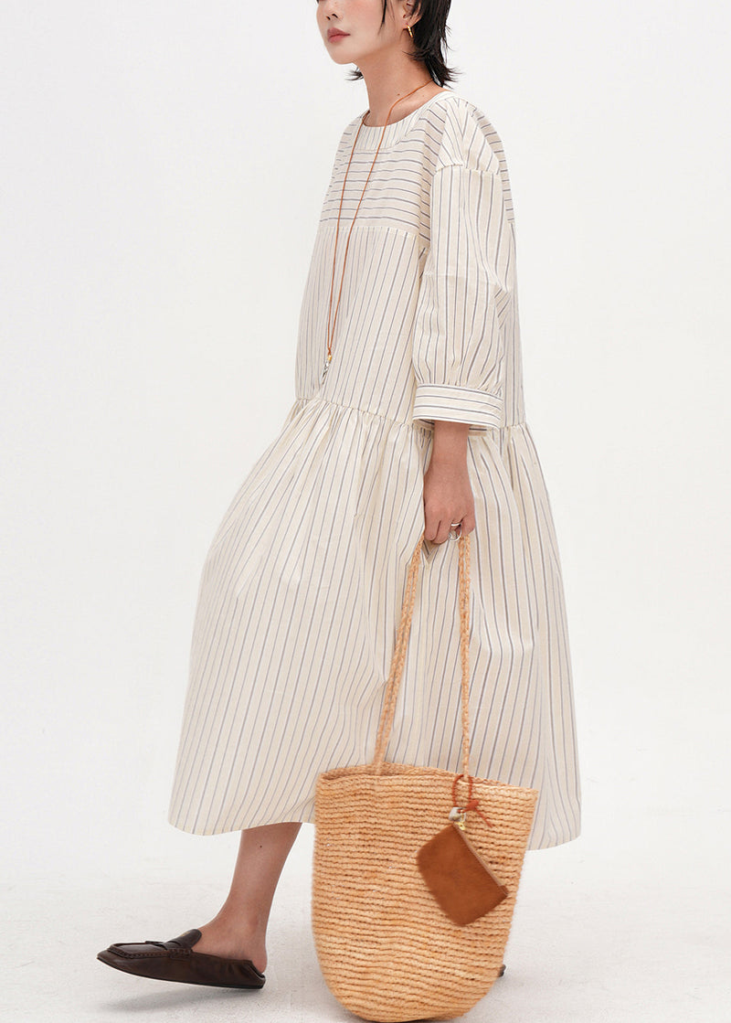Beige Oversized Striped Cotton Maxi Dresses Bracelet Sleeve