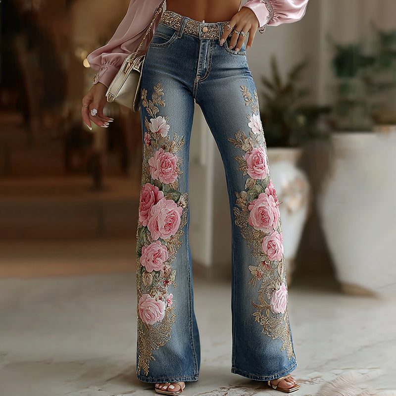 Women's Vintage Rose Floral Embroidery Art Casual Loose Jeans elevenforest