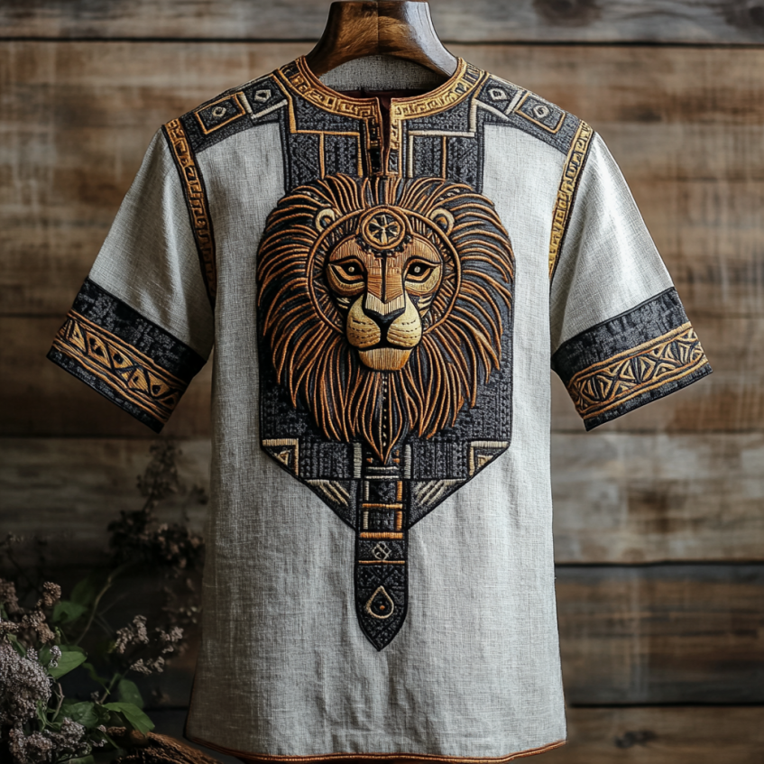 Men's Vintage African Lion Mask Geometry Art Linen Shirt elevenforest