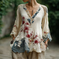 Women's Japanese Spider Lily Embroidered Cotton And Linen V-neck Shirt elevenforest