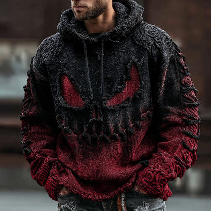 Men's Halloween Spooky Face Gradient Inspired Knitted Distressed Hooded Sweater artswardrobe