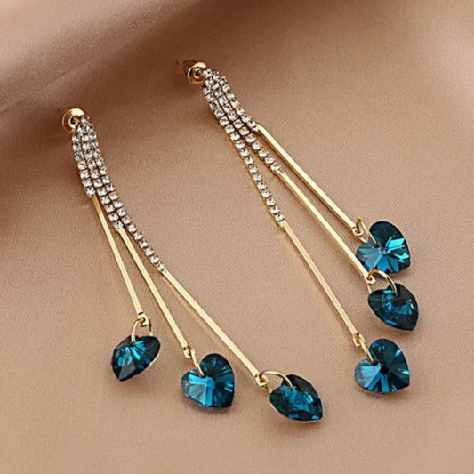 Blue Crystal Heart Rain Earrings