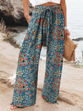 Blue Vintage Cashew Flower Women's Printed Cotton And Linen Casual Pants